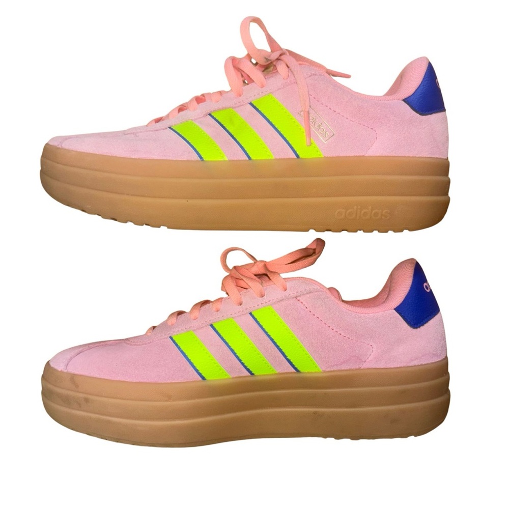 Adidas Women’s Pink Platform Sneakers with Neon Green Stripes | Size 8